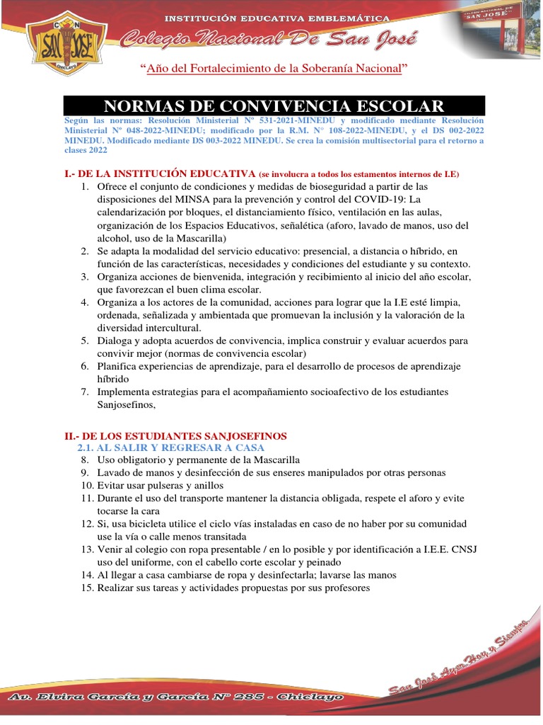 Normas de Convivencia Escolar 2022 | PDF | Salud pública | Ciencias de ...