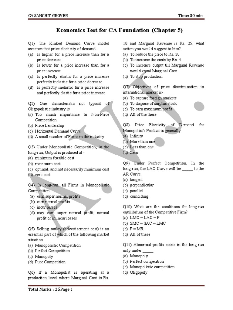 CA Foundation Economics Test Answers | PDF | Profit (Economics) | Monopoly