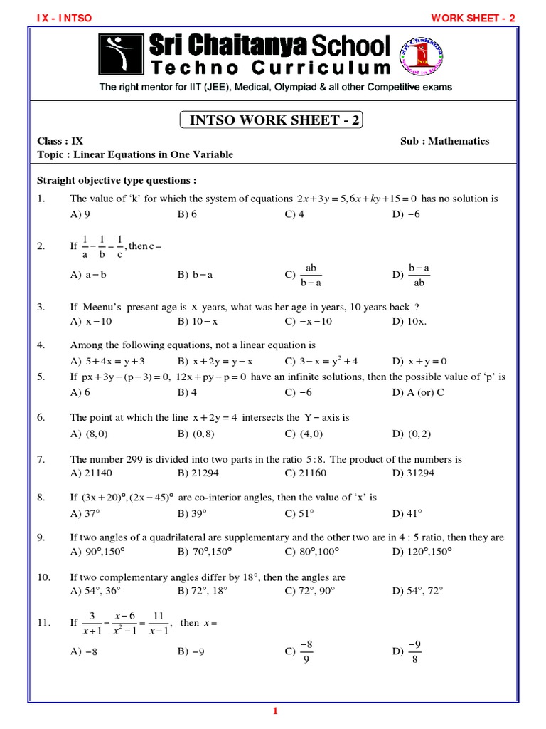 Class 9 Linear Equations Worksheet | PDF | Equations | Algebra