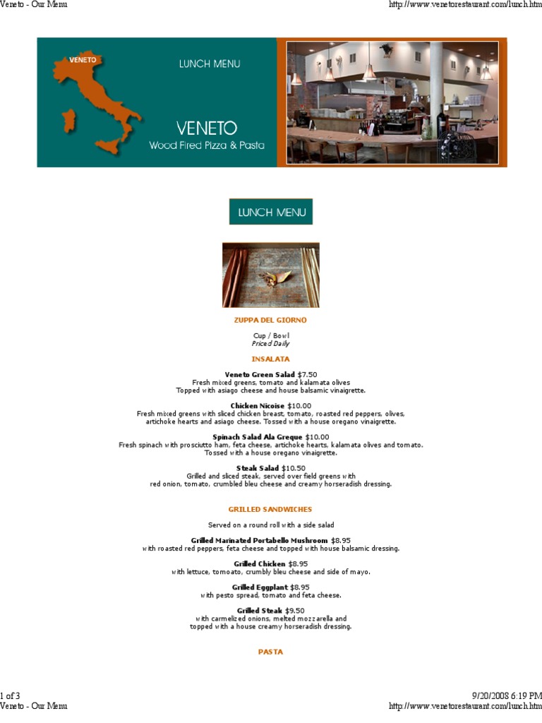 Veneto Restaurant Lunch Menu | PDF | Salad | Pizza