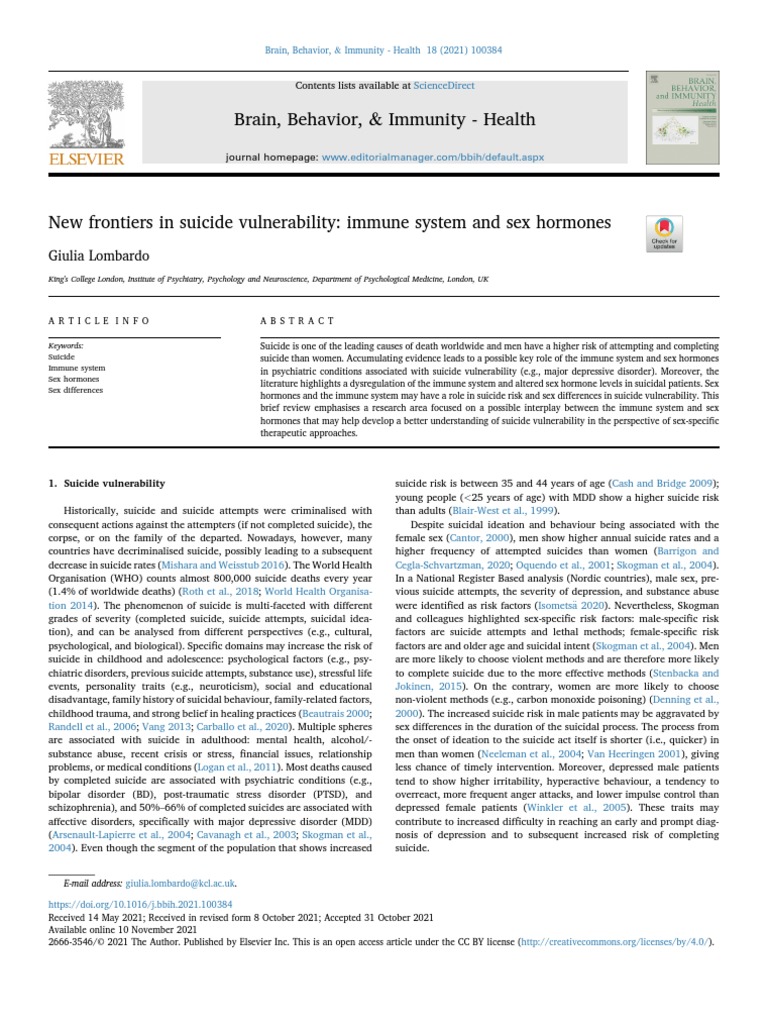 Lombardo - New Frontiers in Suicide Vulnerability Immune System and Sex ...