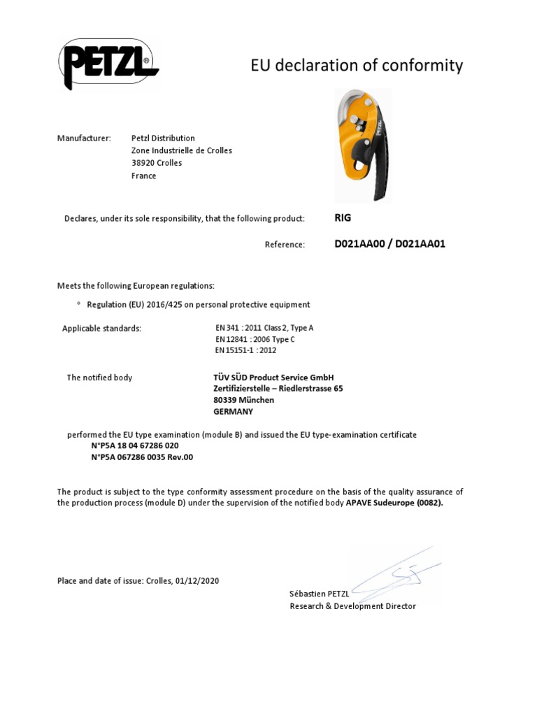 Déclaration de conformité EU Petzl RIG | PDF