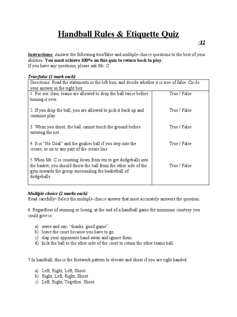 Handball Quiz PDF Multiple Choice Entertainment