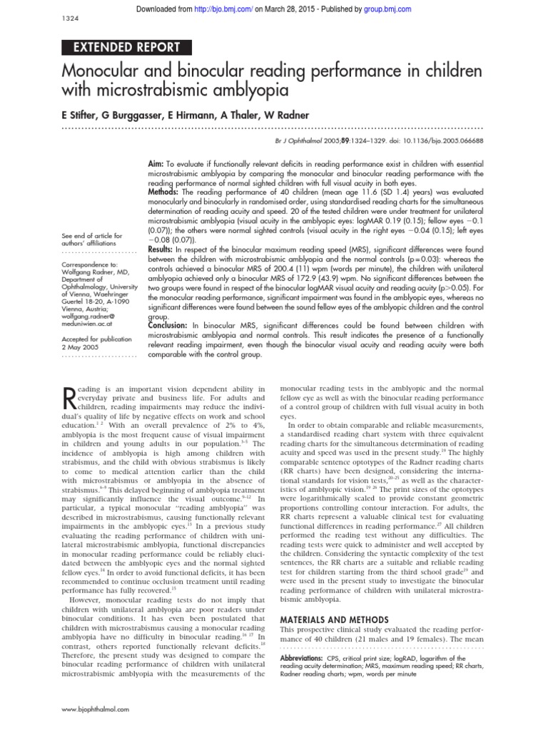 Monocular and Binocular Reading Performance PDF Visual Acuity
