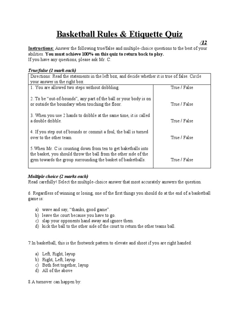 Basketball Quiz PDF Sports Rules And Regulations Team Sports