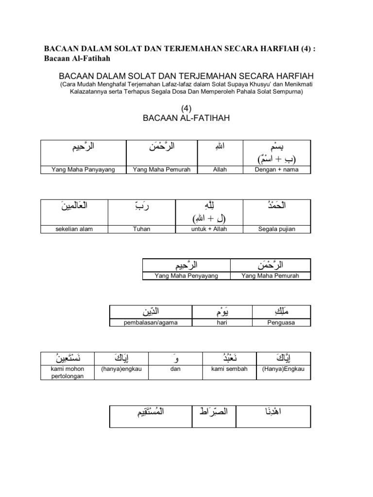 Bacaan Dalam Solat Dan Terjemahan Secara Harfiah