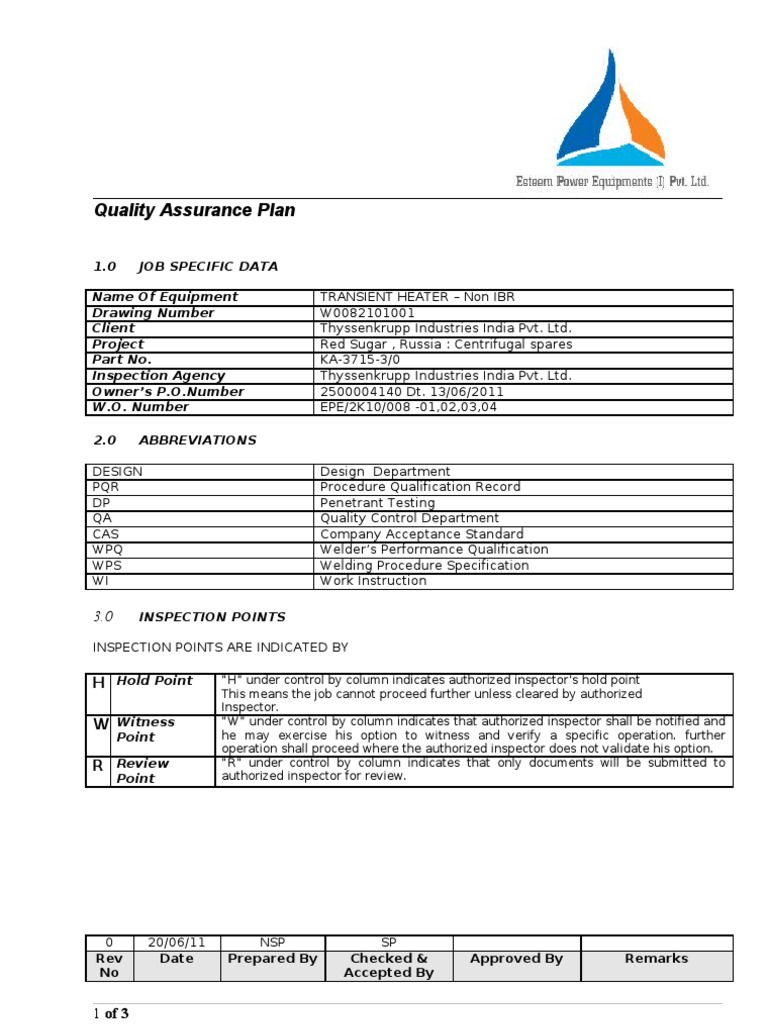 Quality Assurance Plan for Transient Heater | PDF | Quality Assurance ...
