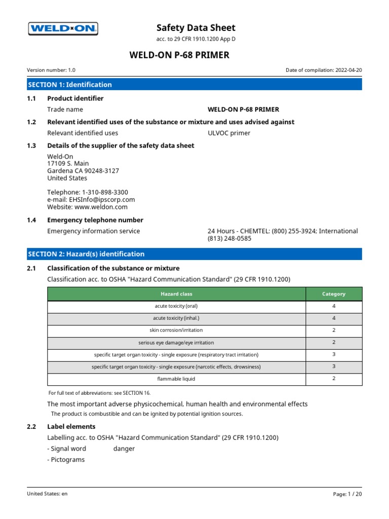 Sds WeldOn P68 Clear Purple Primer Us en 1 0 PDF Chemistry Nature