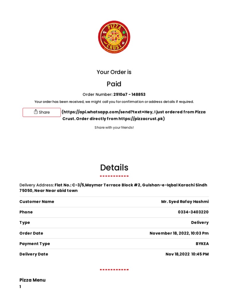 Pizza Crust Menu in Karachi Restaurant Online Ordering Pakistan PDF