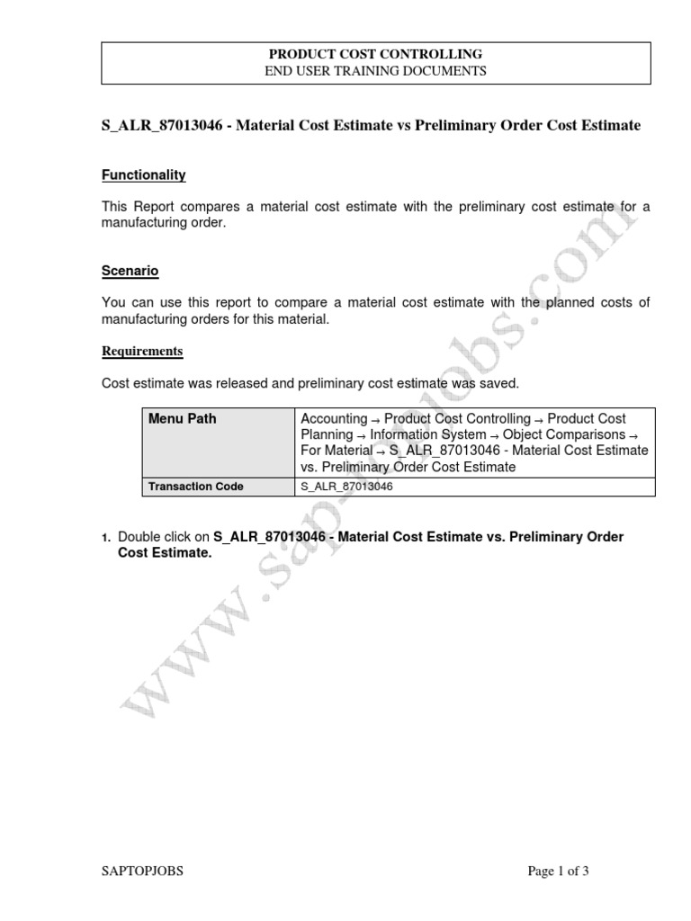 S ALR 87013046 Material Cost Estimate Vs Preliminary Order C PDF Cost Accounting
