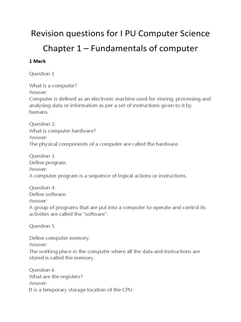 Mid Term Revision Questions For I PU Computer Science (1 ...
