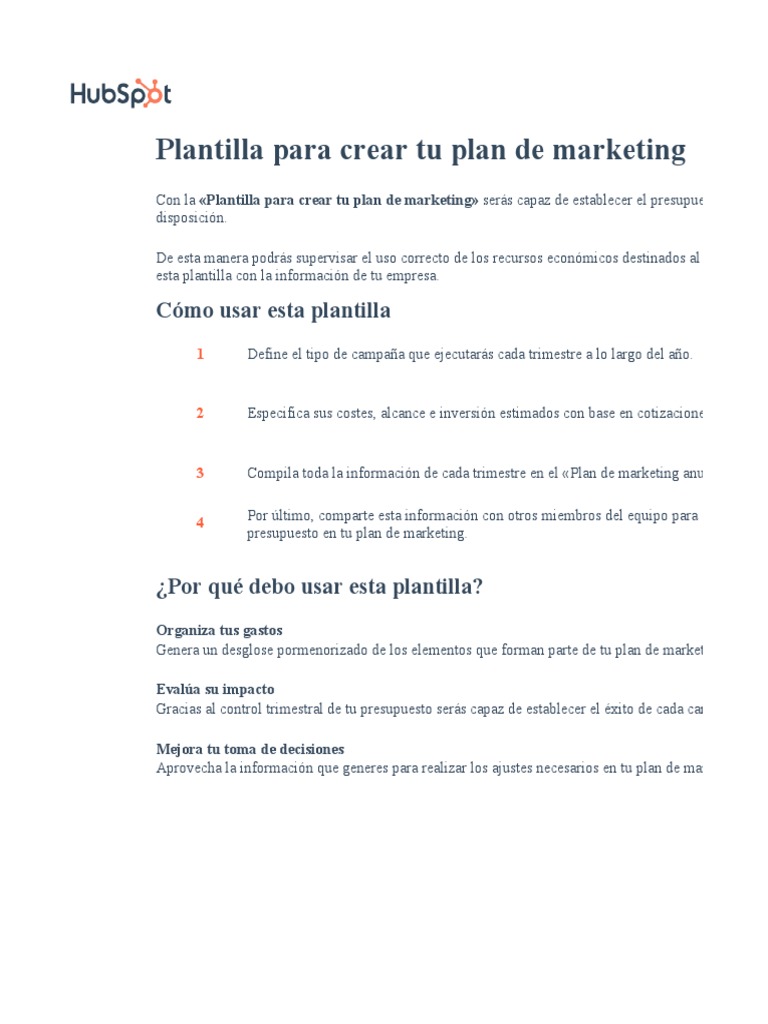 Plantilla para Crear Tu Plan de Marketing | PDF | Presupuesto ...