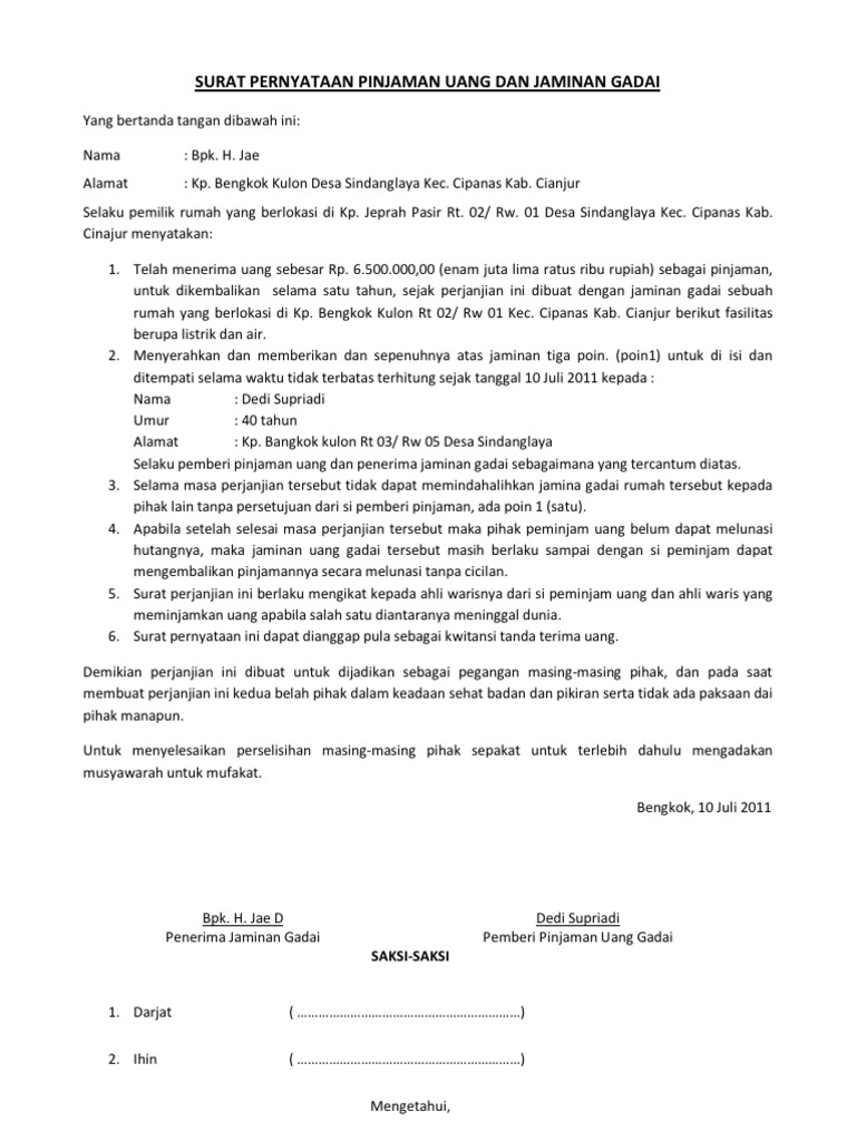 Surat Pernyataan Jaman Uang Dan Jaminan Gadai
