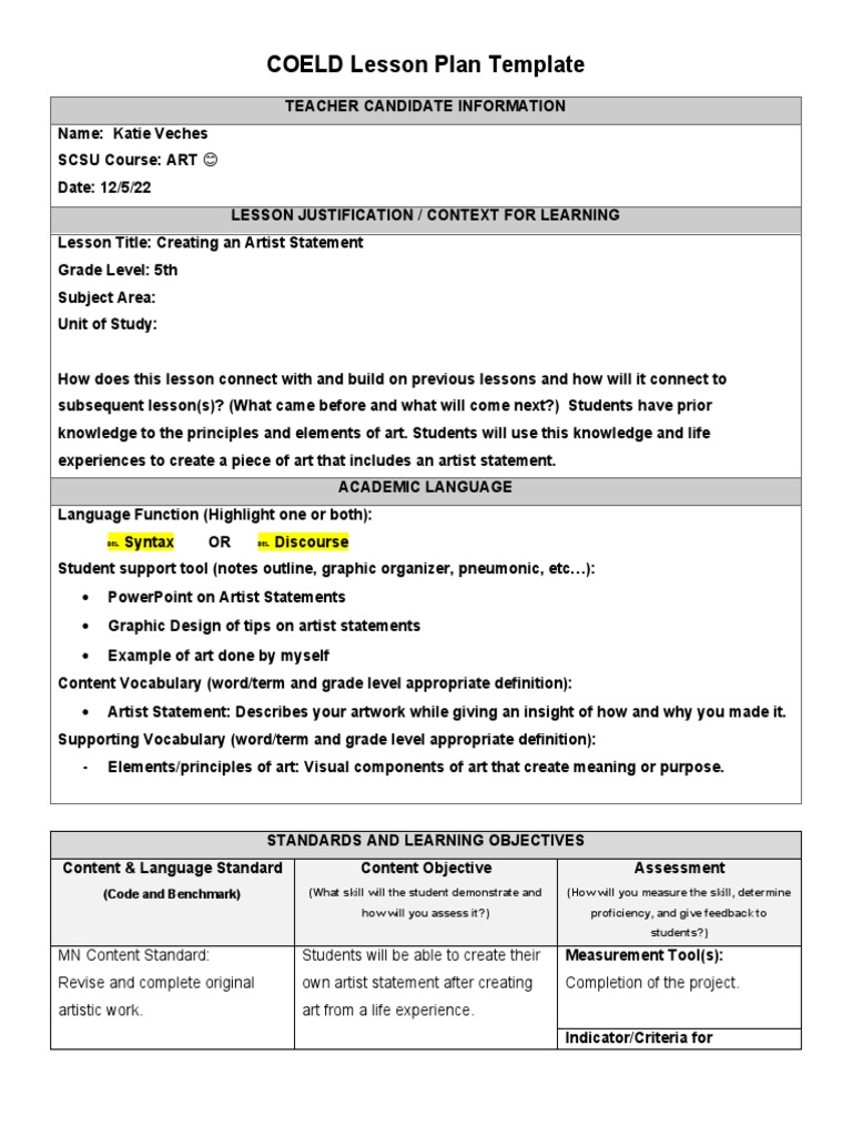 Edtpa Art 2 | PDF | Vocabulary | Lesson Plan