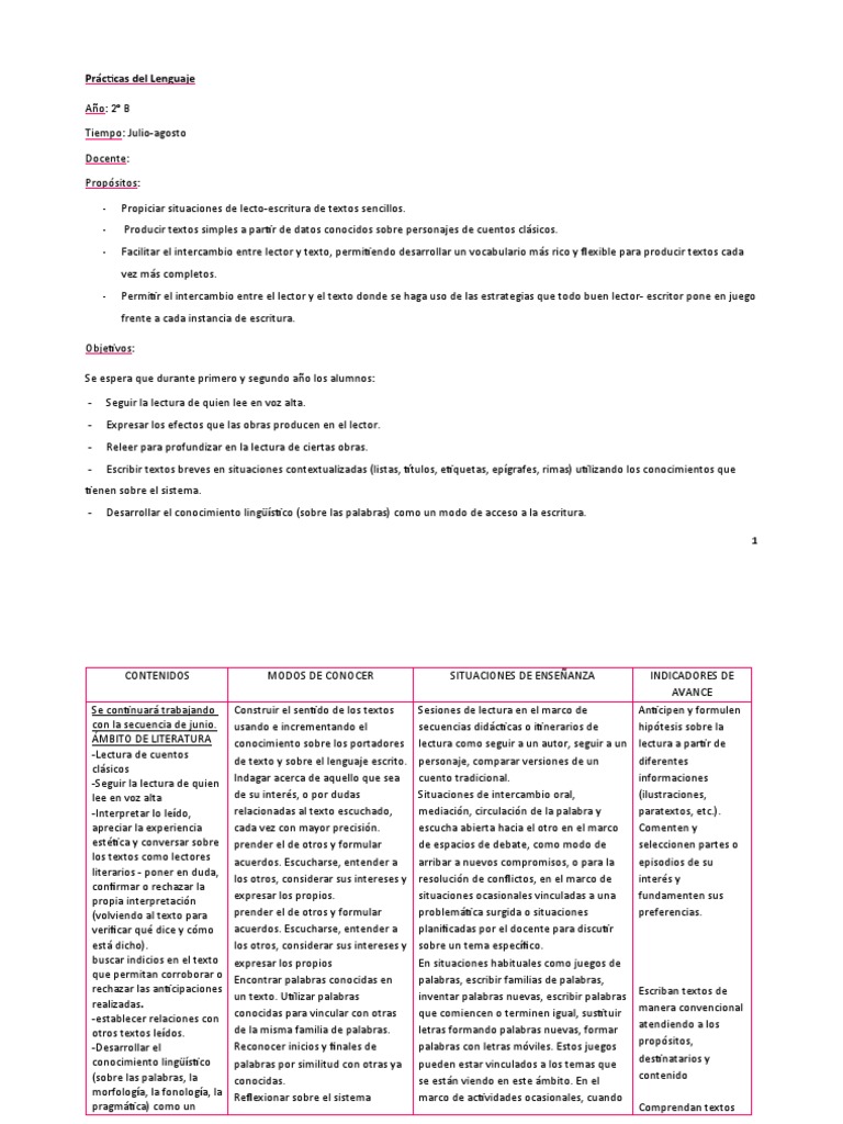 Prácticas de Lenguaje 2° B: Julio-Agosto | PDF | Artes del Lenguaje y ...