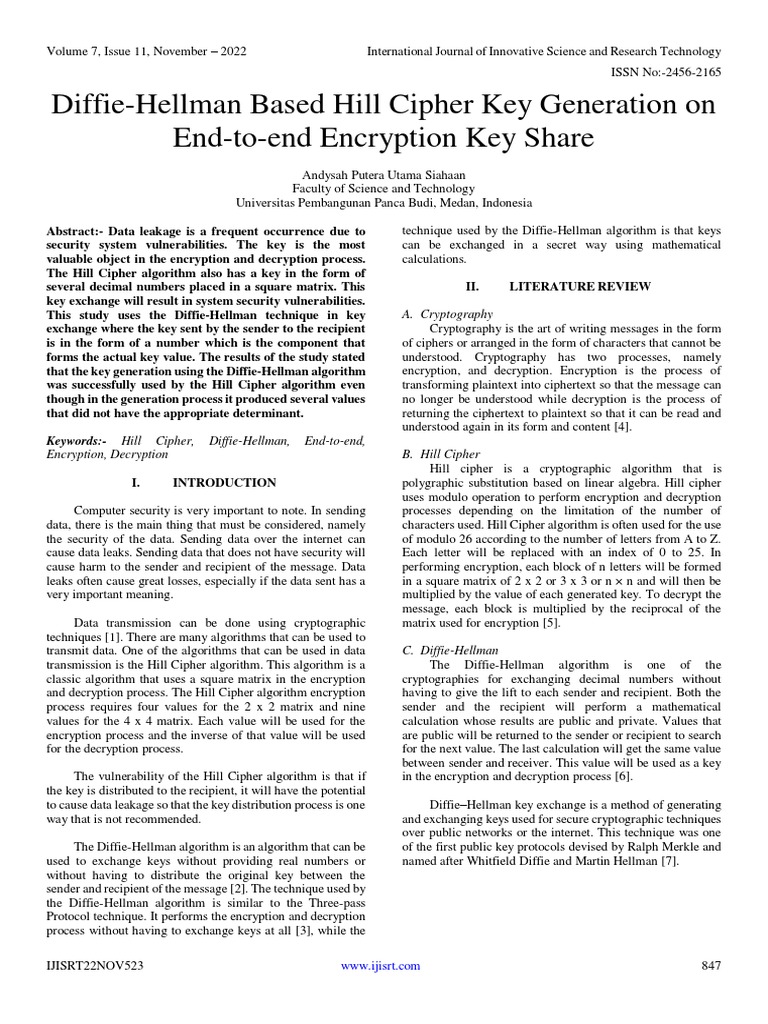 Diffie-Hellman Based Hill Cipher Key Generation on End-To-End ...