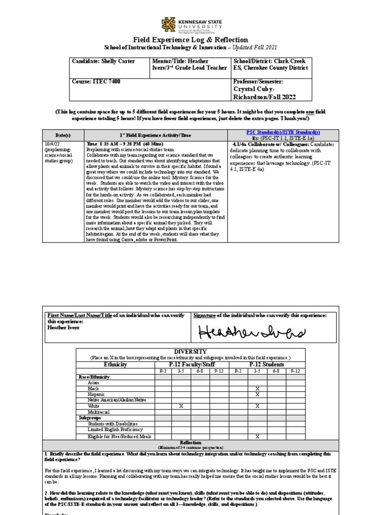 Shelly Carter Field Experience Log Creating Class Itec 7400 PDF Teachers Learning
