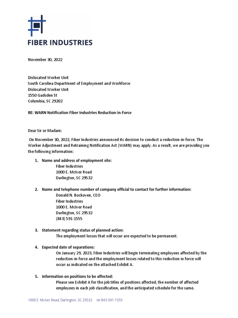 Fiber Industries (Darlington) November 30 2022 PDF Layoff Employment