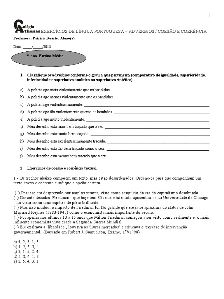 Coesão e Coerência - Exercícios | PDF