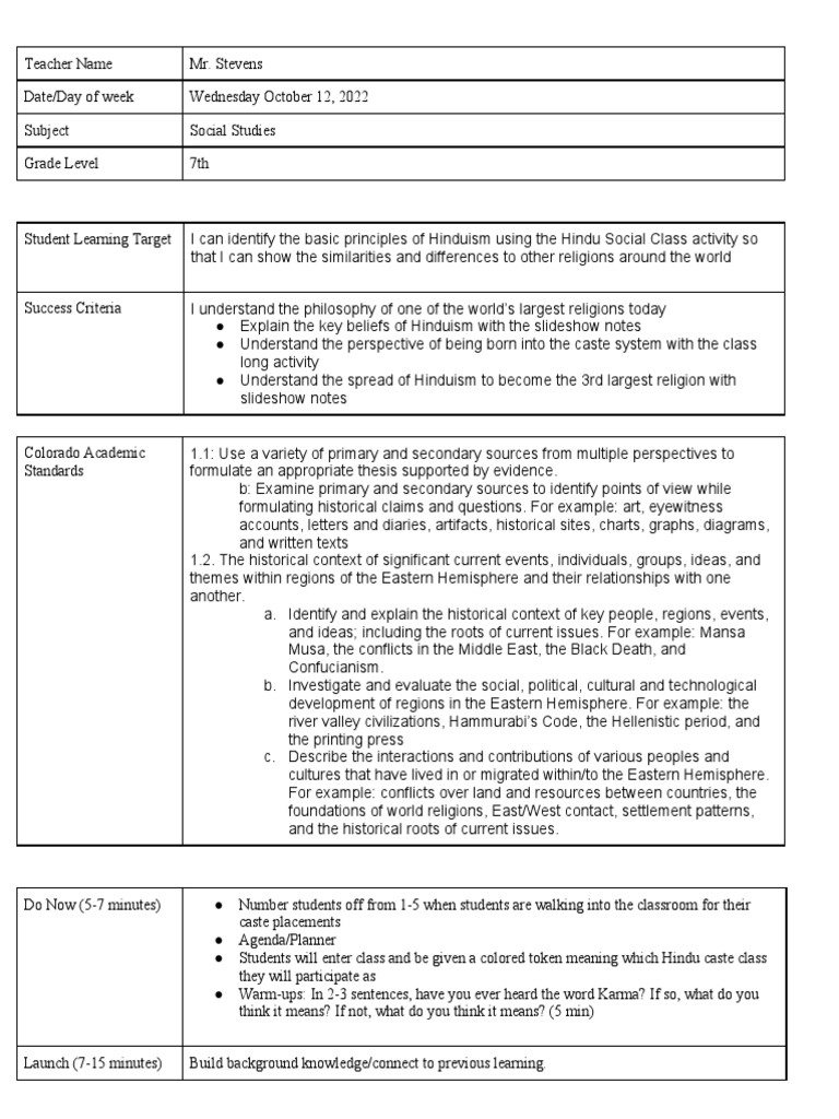 Hinduism and Caste System Lesson Plan | PDF | Historiography ...