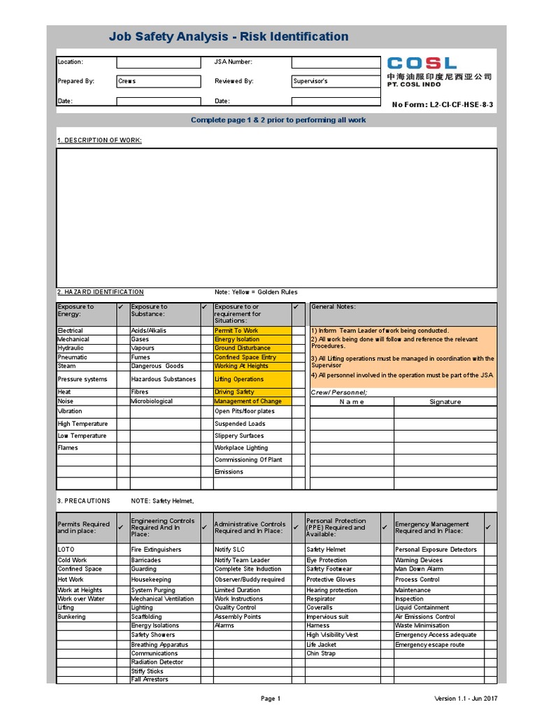 Job Safety Analysis PDF Personal Protective Equipment Safety