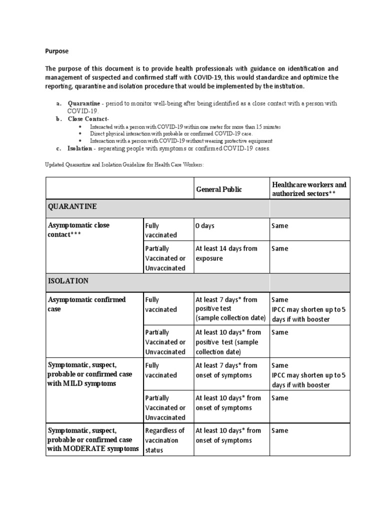 Updated Quarantine and Isolation Guideline For Health Care Workers PDF Immunodeficiency