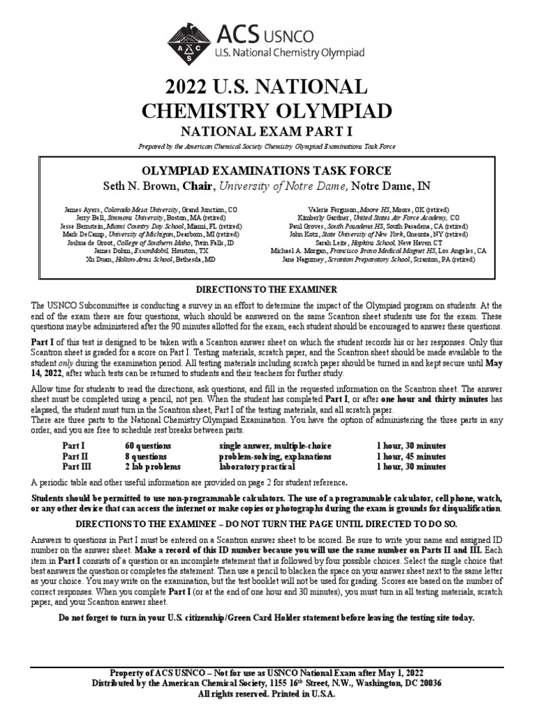 2022 Usnco Exam Part I | PDF | Chemical Reactions | Atomic Orbital