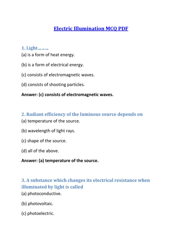 Electric Illumination MCQ PDF | PDF | Incandescent Light Bulb ...