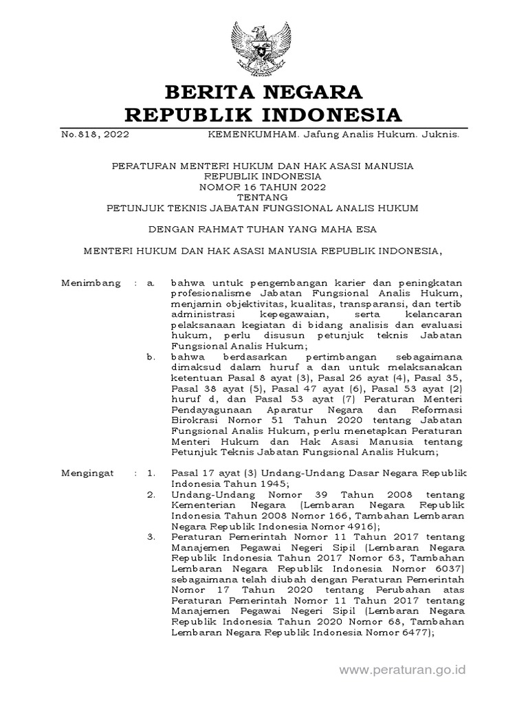 Permenkumham nomor 16 tahun 2022 tentang petunjuk teknis jabatan