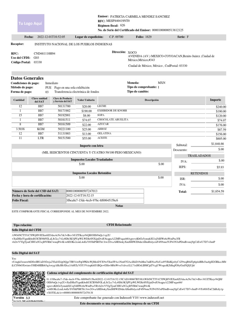 Datos Generales Cantidad Clave Unidad Del SAT Valor Unitario