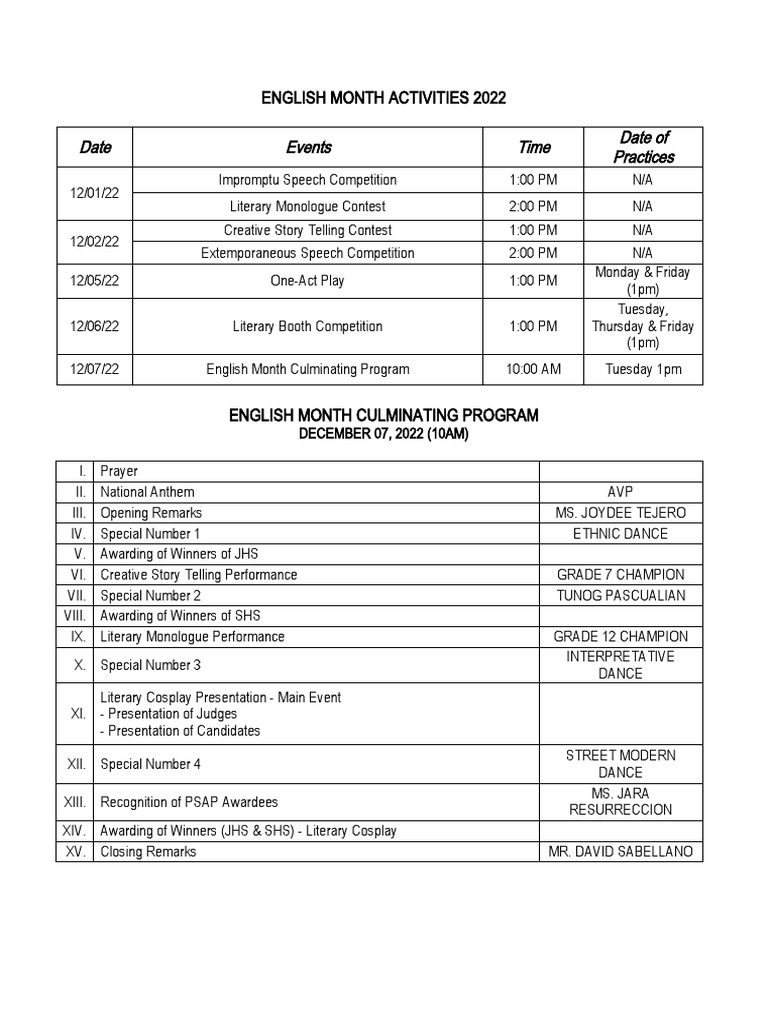 English Month Activities 2022 | PDF