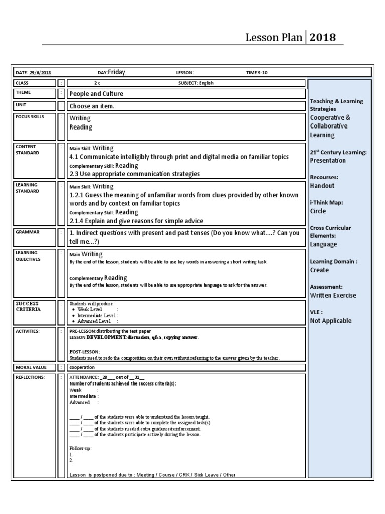 Lesson Plan Form 1-Drop Down | PDF | Lesson Plan | Education Theory