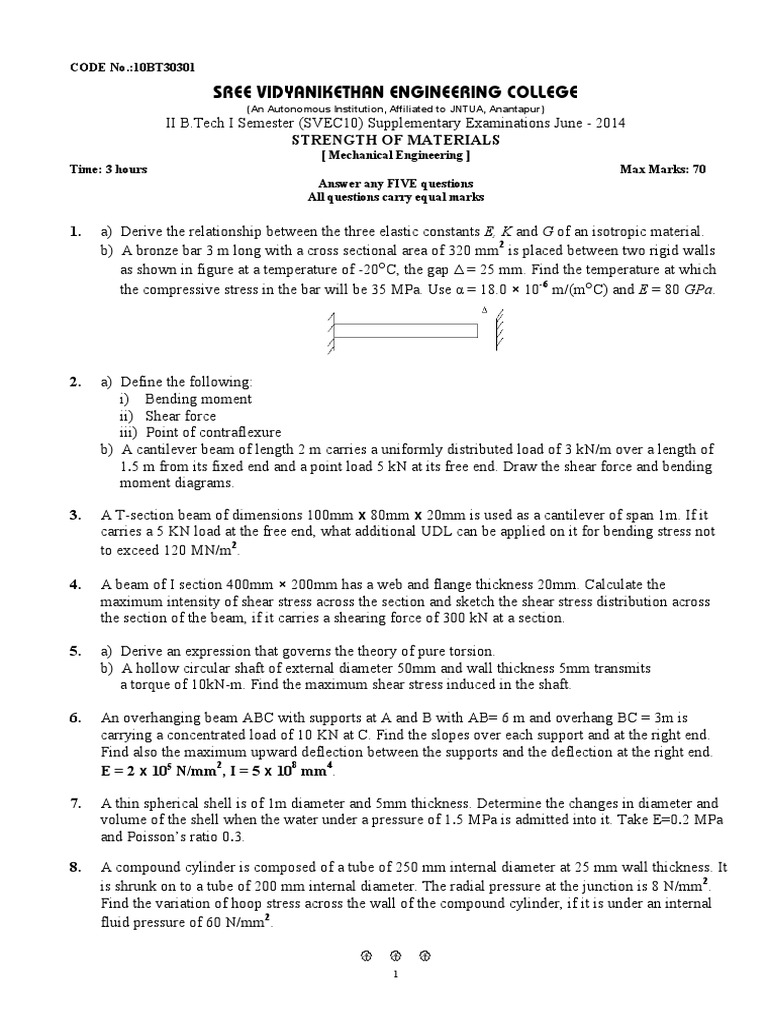 Strength of Materials Exam Questions | PDF | Bending | Stress (Mechanics)