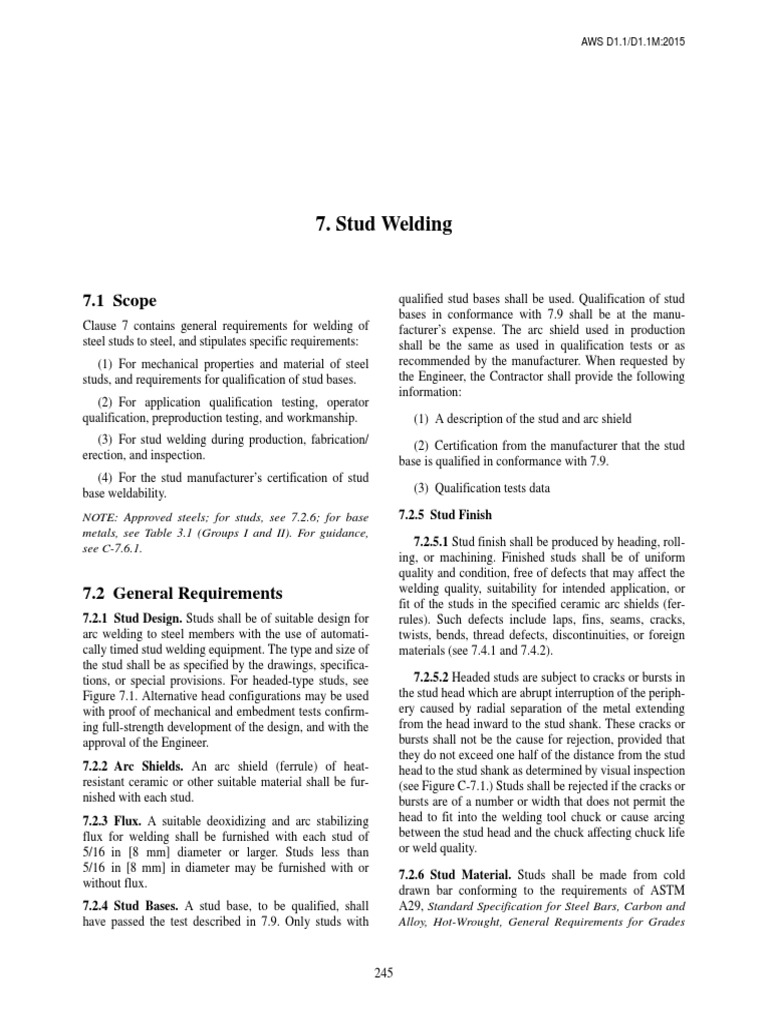 STUD WELDING REQUIREMENTS From AWS D1.1D 1.1M2015 PDF Welding
