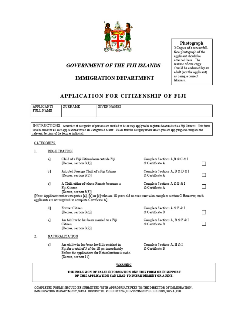 Fiji Citizenship Application Form | PDF | Naturalization | Birth ...