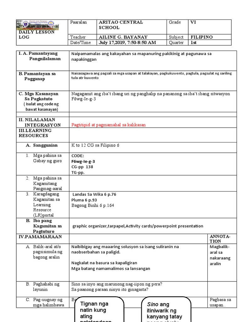 Cot Dll Filipino 1stquarter Pdf