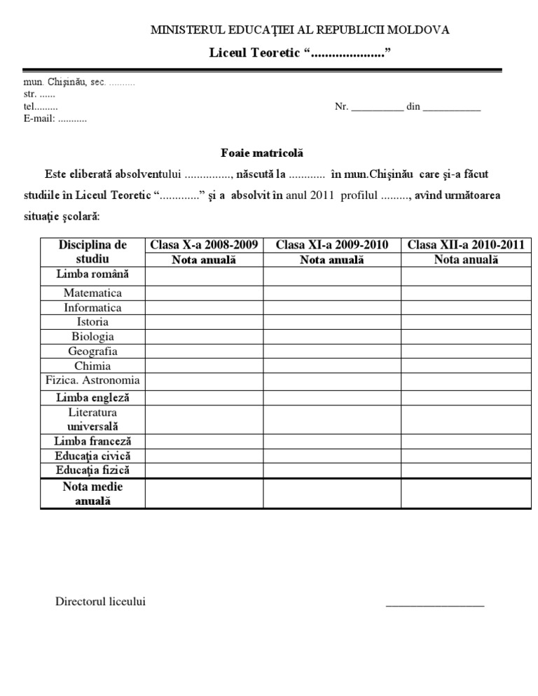 Model de Foaie Matricola | PDF