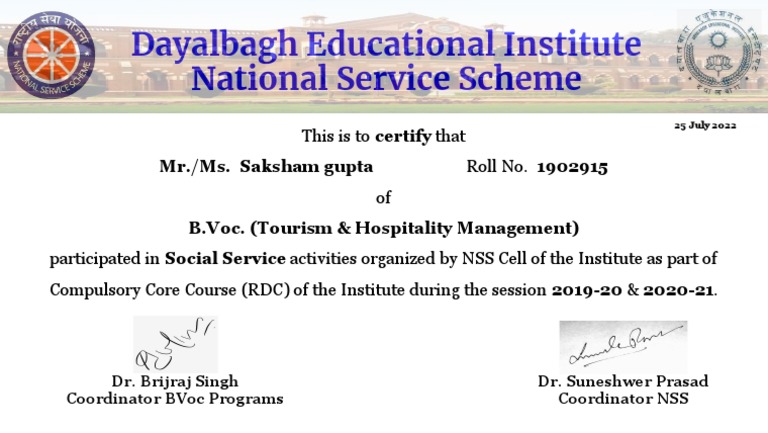 NSS Participation Certificate for Saksham Gupta | PDF