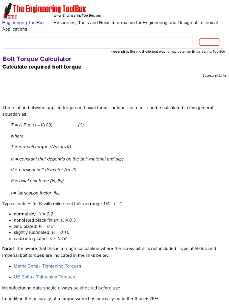 Bolt Torque Calculator PDF Screw Mechanical Engineering