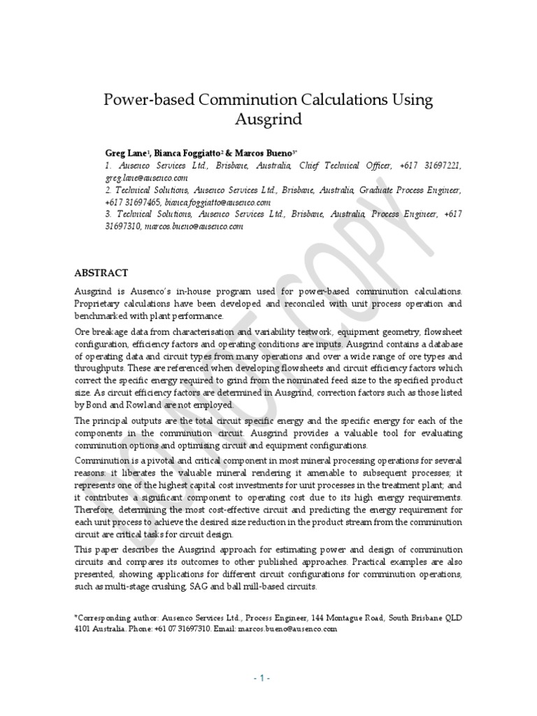 Power Based Comminution Calculations Using Ausgrind Pdf Mill