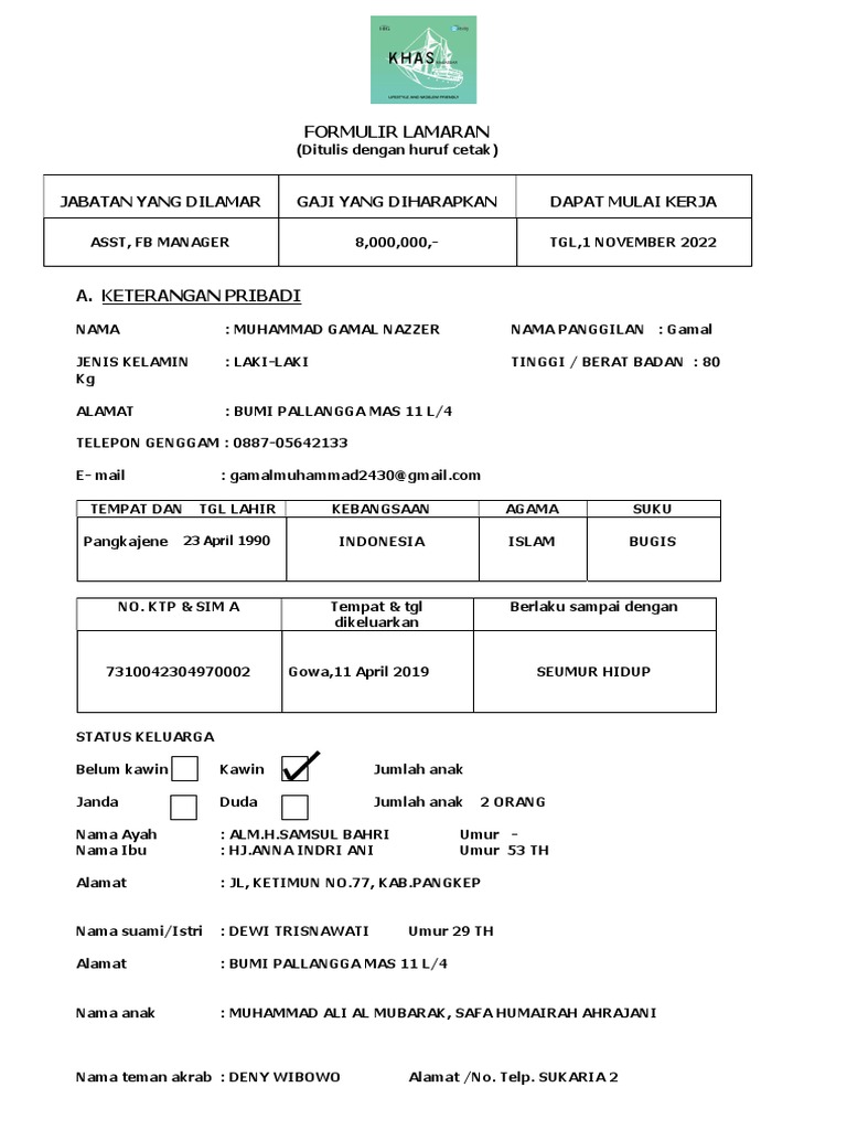 Application Form Employ Hotel Khas Makassar Pdf