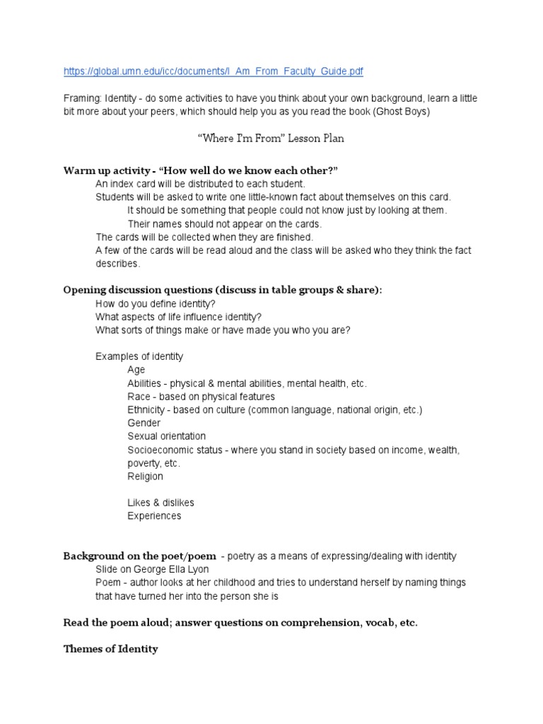 Identity Lesson Plan PDF Worksheet Poetry