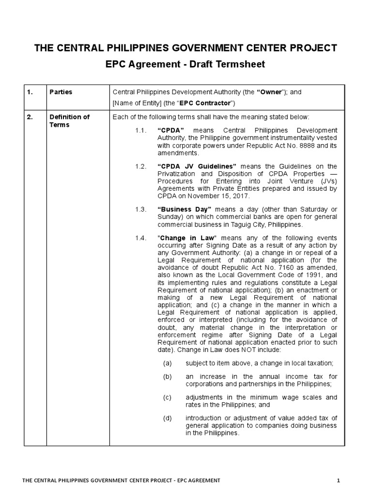 EPC Agreement Draft Term Sheet PDF General Contractor Employment