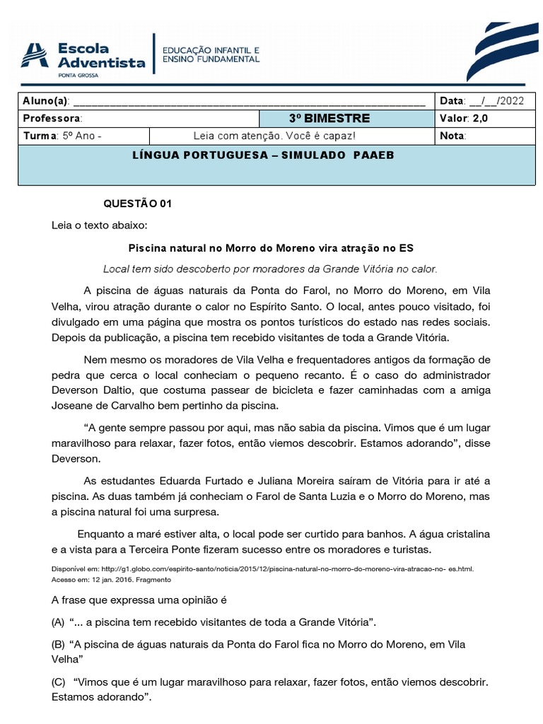 Simulado de Português - 5º Ano | PDF