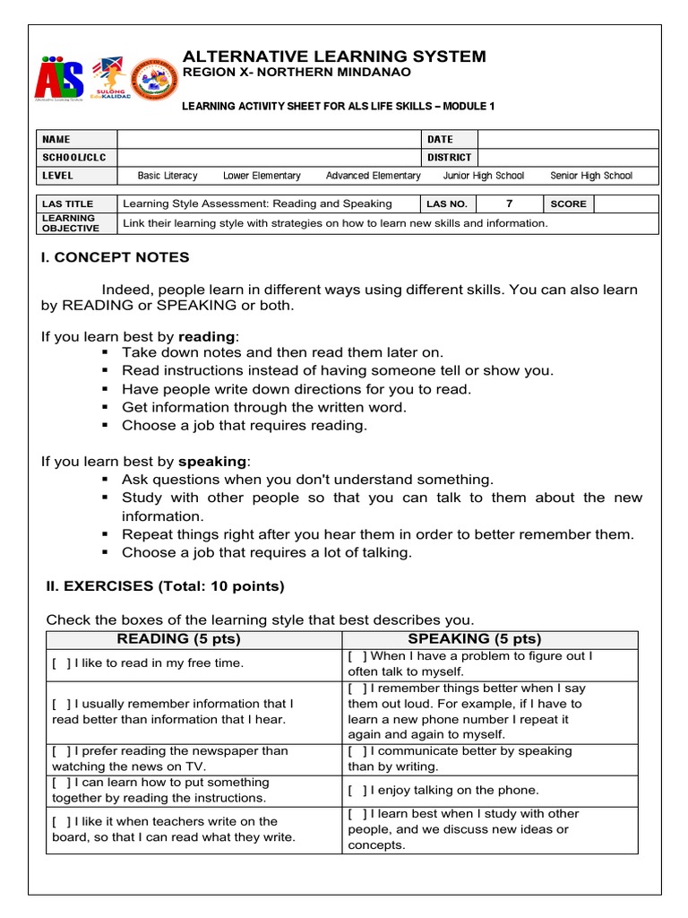 DLP Life Skills Mod1 LAS7 Learning Style Assessment Reading and