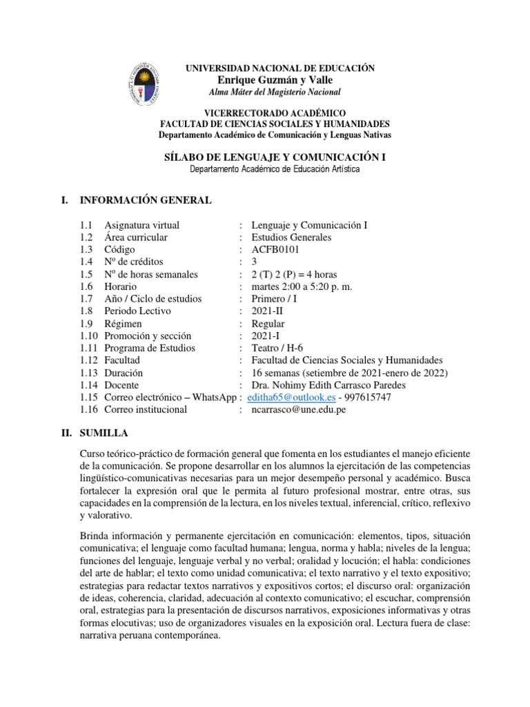 Sílabos de Lenguaje y Comunicación I | PDF