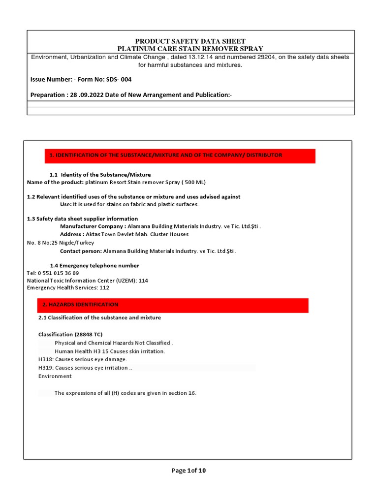 Stain Remover Spray MSDS (2743) PDF