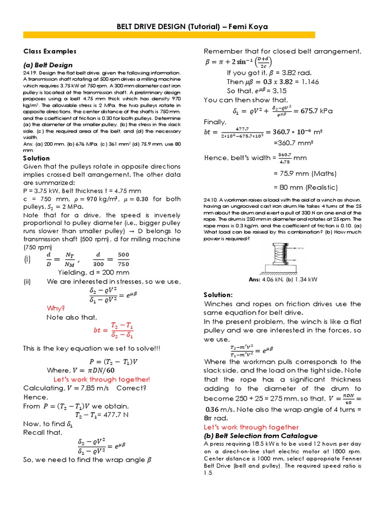 Belt Drive Design 2 (MEE 507) PDF Belt (Mechanical) Applied And