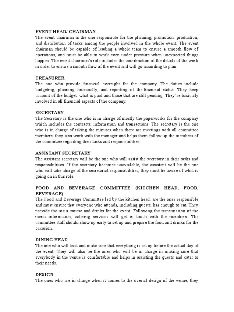 Event Committee Roles and Responsibilities | PDF | Secretary
