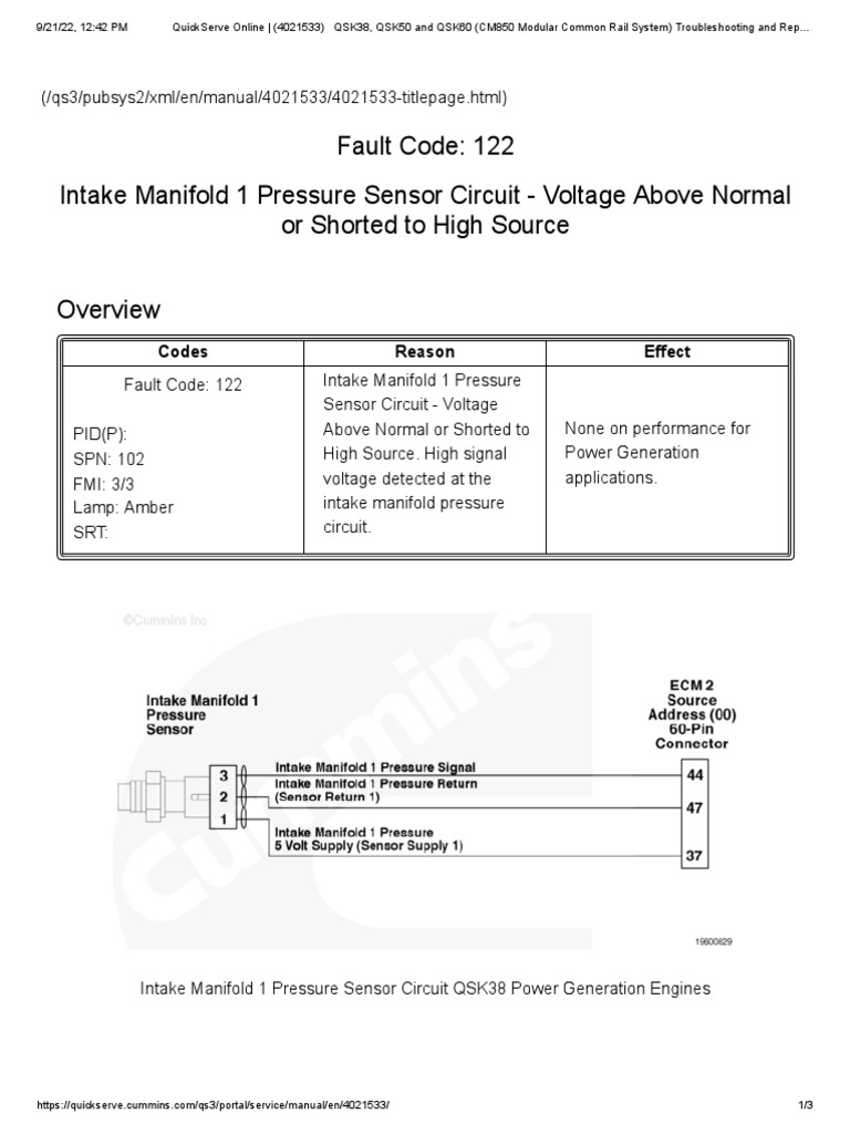 Fault Code 122 Intake Manifold 1 Pressure Sensor Circuit Voltage